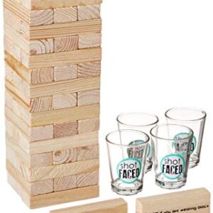 Game Night Tipsy Tower Drinking Game Adult Party Game Set with 54 Stacking Wooden Blocks & 4 Durable Lead-Free Shot Glasses Great Gift Idea for 21st Birthday,Brown,10 in x 9 in x 3 in