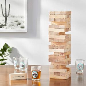 Game Night Tipsy Tower Drinking Game Adult Party Game Set with 54 Stacking Wooden Blocks & 4 Durable Lead-Free Shot Glasses Great Gift Idea for 21st Birthday,Brown,10 in x 9 in x 3 in