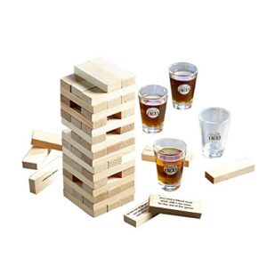 Game Night Tipsy Tower Drinking Game Adult Party Game Set with 54 Stacking Wooden Blocks & 4 Durable Lead-Free Shot Glasses Great Gift Idea for 21st Birthday,Brown,10 in x 9 in x 3 in