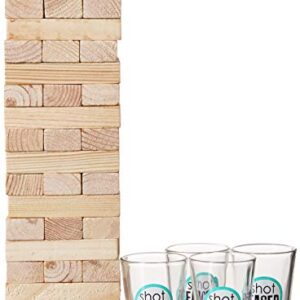 Game Night Tipsy Tower Drinking Game Adult Party Game Set with 54 Stacking Wooden Blocks & 4 Durable Lead-Free Shot Glasses Great Gift Idea for 21st Birthday,Brown,10 in x 9 in x 3 in