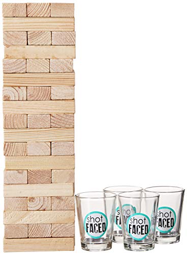 Game Night Tipsy Tower Drinking Game Adult Party Game Set with 54 Stacking Wooden Blocks & 4 Durable Lead-Free Shot Glasses Great Gift Idea for 21st Birthday,Brown,10 in x 9 in x 3 in