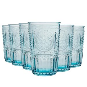 bormioli rocco romantic set of 6 tumbler glasses, 11.5 oz. colored crystal glass, light blue, made in italy.