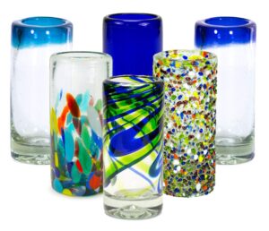mexart artisan crafted hand blown 6 different design collection recycled glass shots glasses, 2 oz. 'classic' (set of 6)