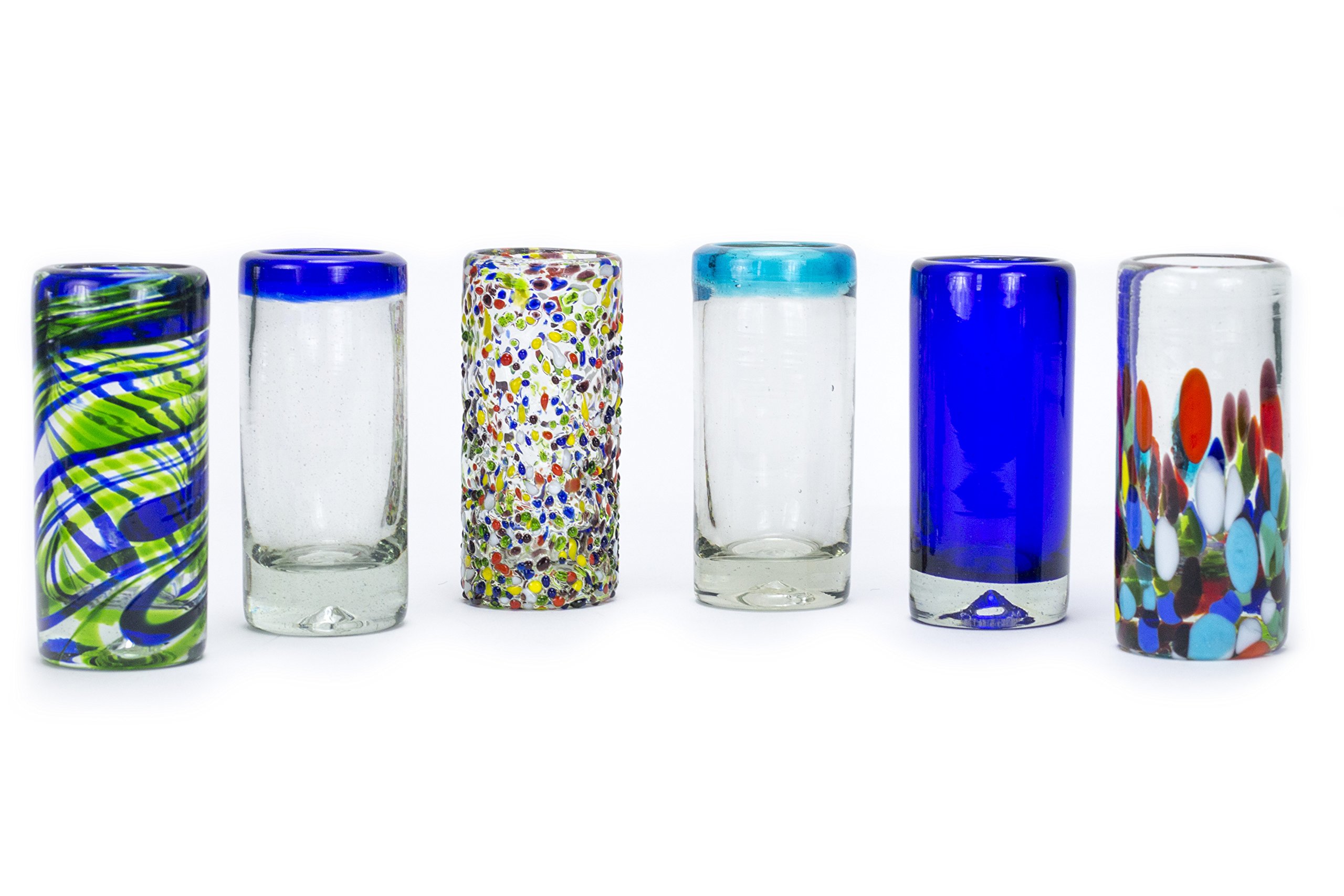 MEXART Artisan Crafted Hand Blown 6 Different Design Collection Recycled Glass Shots Glasses, 2 oz. 'Classic' (set of 6)