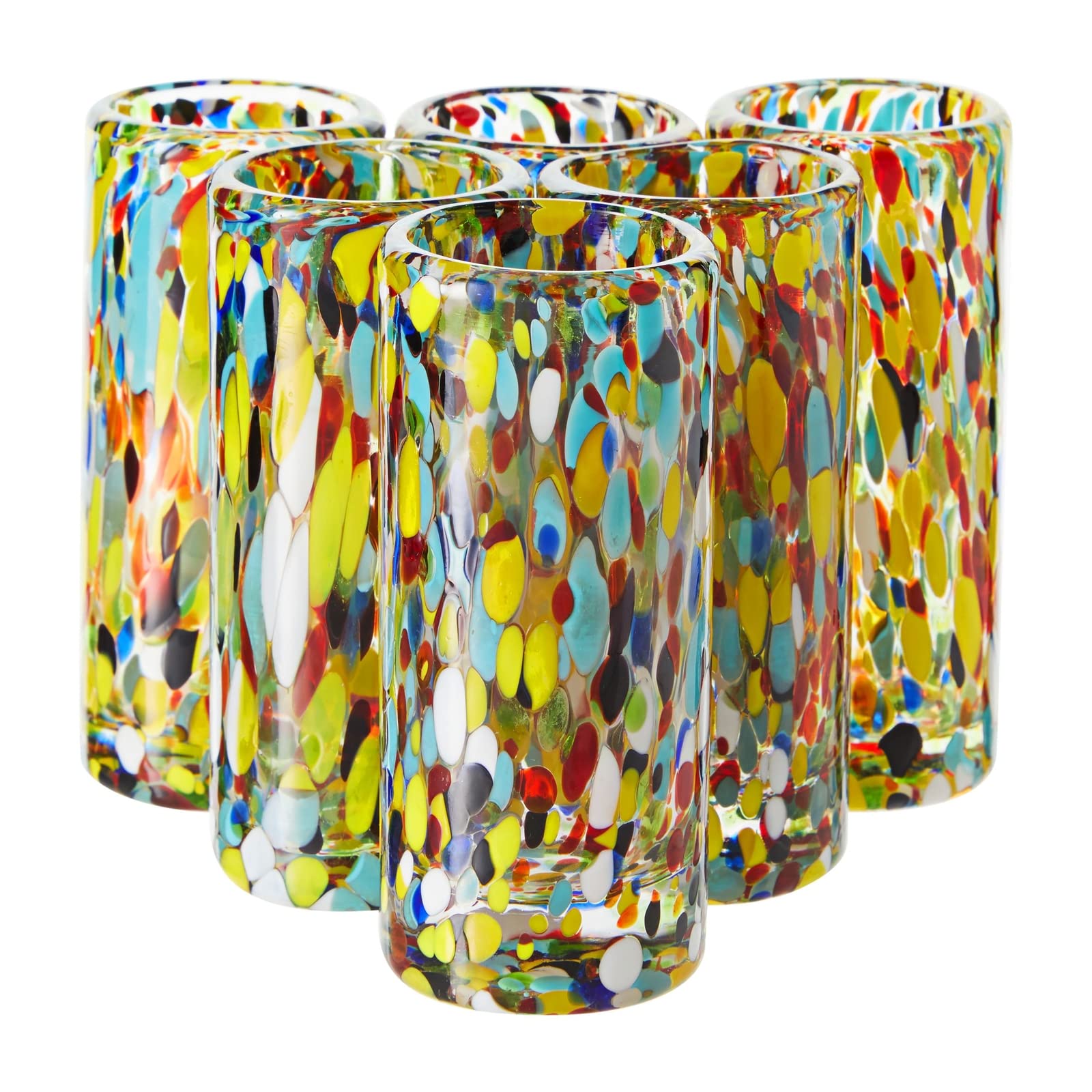 Okuna Outpost 2 oz Hand Blown Mexican Double Shot Glasses with Confetti Design, Tequila Sipping Set (Set of 6)