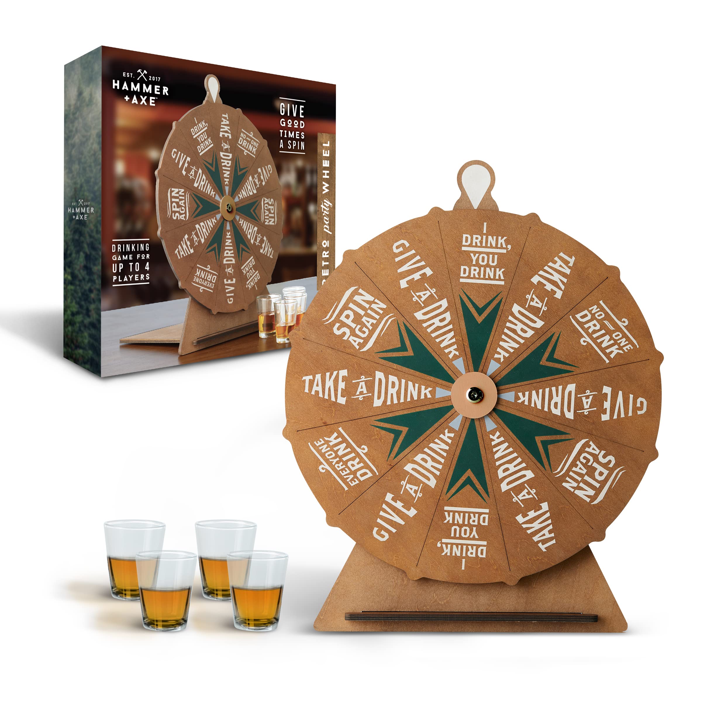 Hammer + Axe Vintage Drinking Wheel Game with 4 Shot Glasses, Tabletop Alcohol Drinking Game for Adults, Party Icebreaker, Entertaining & Fun Activity for Tailgating, Pregaming, Parties, BBQ