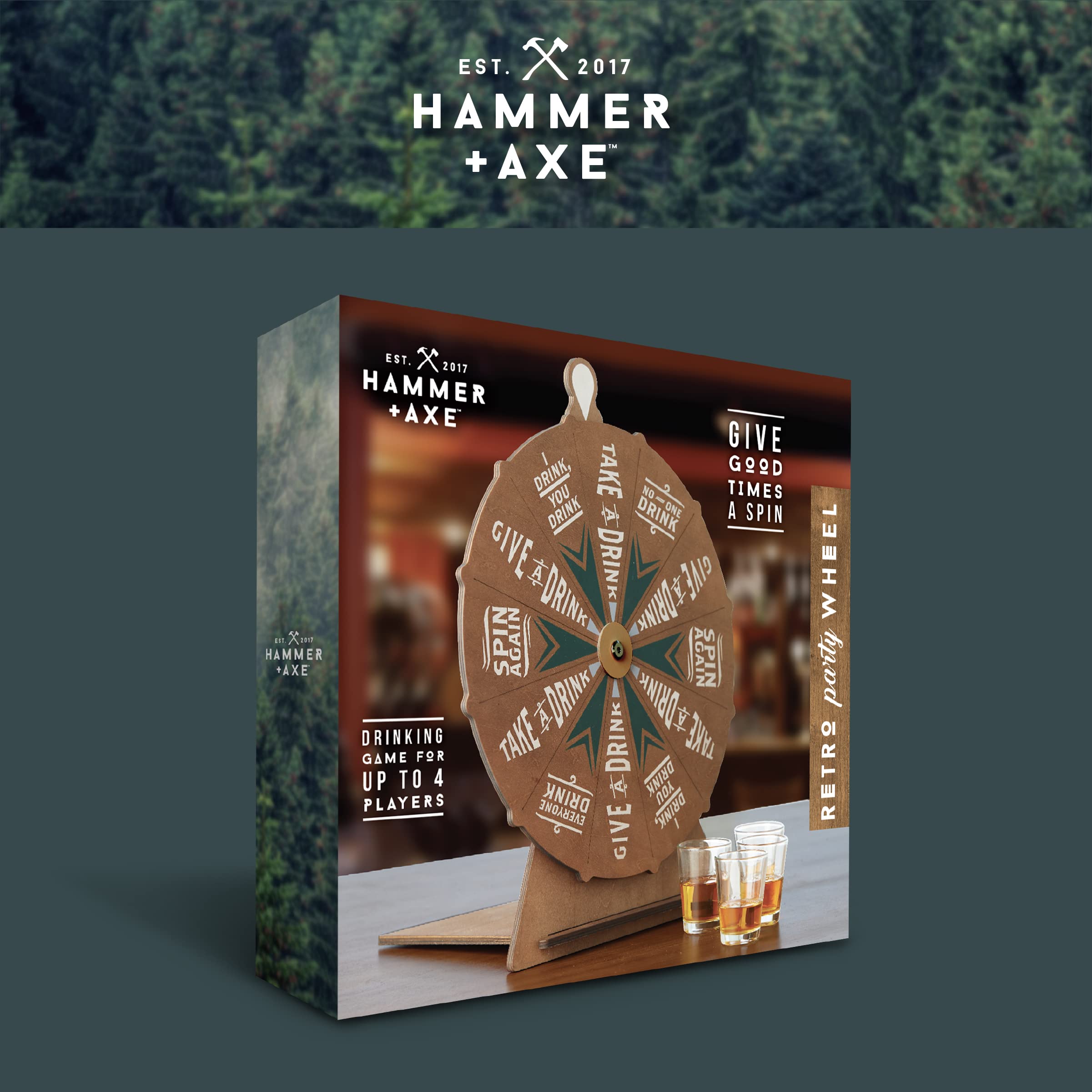 Hammer + Axe Vintage Drinking Wheel Game with 4 Shot Glasses, Tabletop Alcohol Drinking Game for Adults, Party Icebreaker, Entertaining & Fun Activity for Tailgating, Pregaming, Parties, BBQ