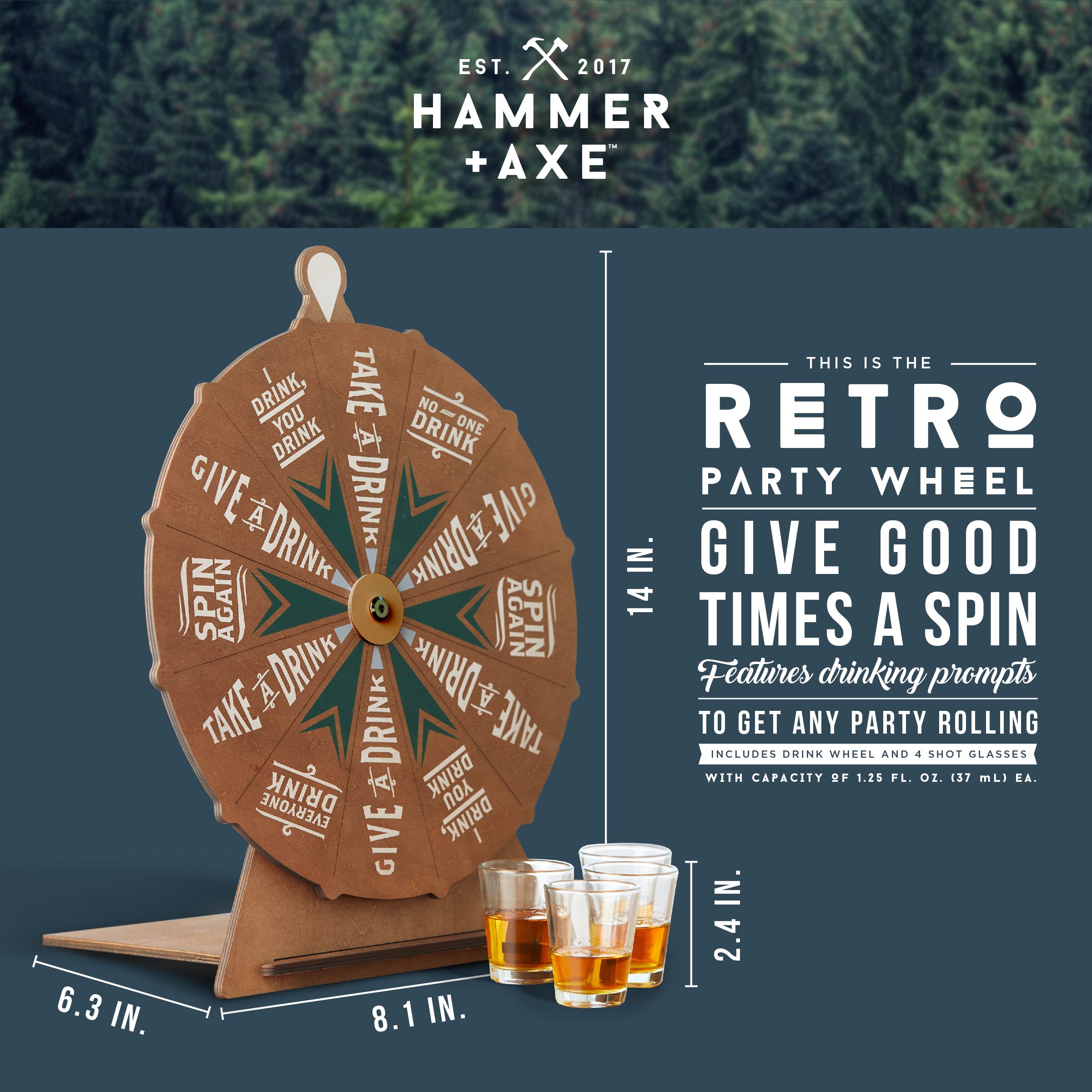 Hammer + Axe Vintage Drinking Wheel Game with 4 Shot Glasses, Tabletop Alcohol Drinking Game for Adults, Party Icebreaker, Entertaining & Fun Activity for Tailgating, Pregaming, Parties, BBQ