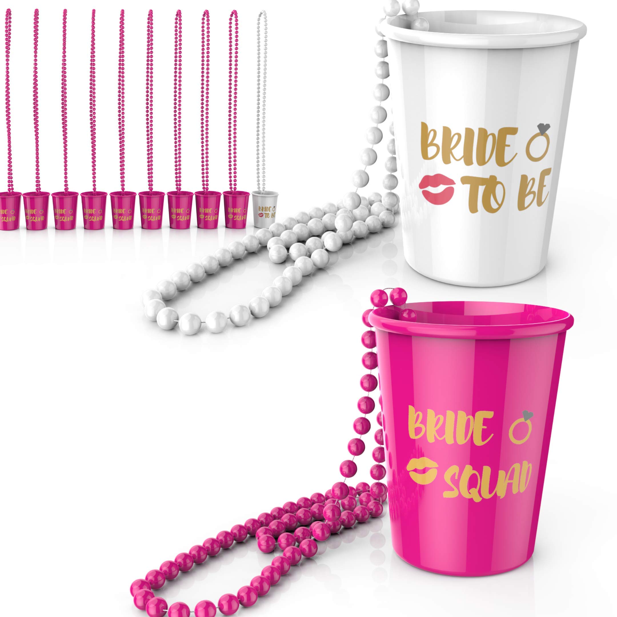 KIKEVITE Bachelorette Party Shot Glass Necklaces Drinking Supplies 12 PACK - 1 White Bride Cup and 11 Pink Squad Cups Bridal Shower