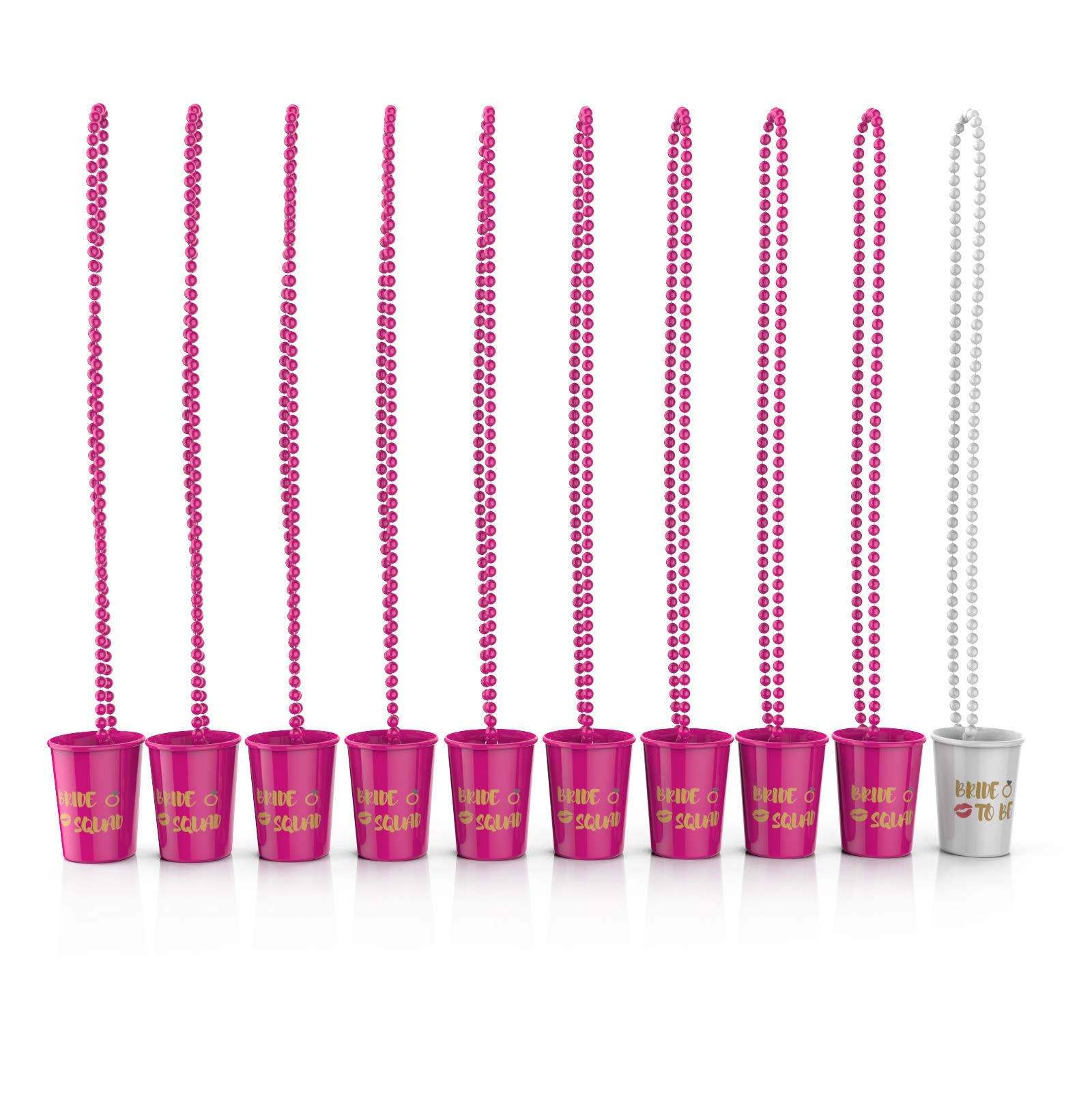 KIKEVITE Bachelorette Party Shot Glass Necklaces Drinking Supplies 12 PACK - 1 White Bride Cup and 11 Pink Squad Cups Bridal Shower