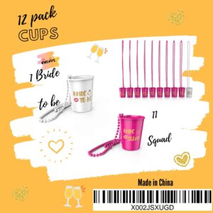 KIKEVITE Bachelorette Party Shot Glass Necklaces Drinking Supplies 12 PACK - 1 White Bride Cup and 11 Pink Squad Cups Bridal Shower