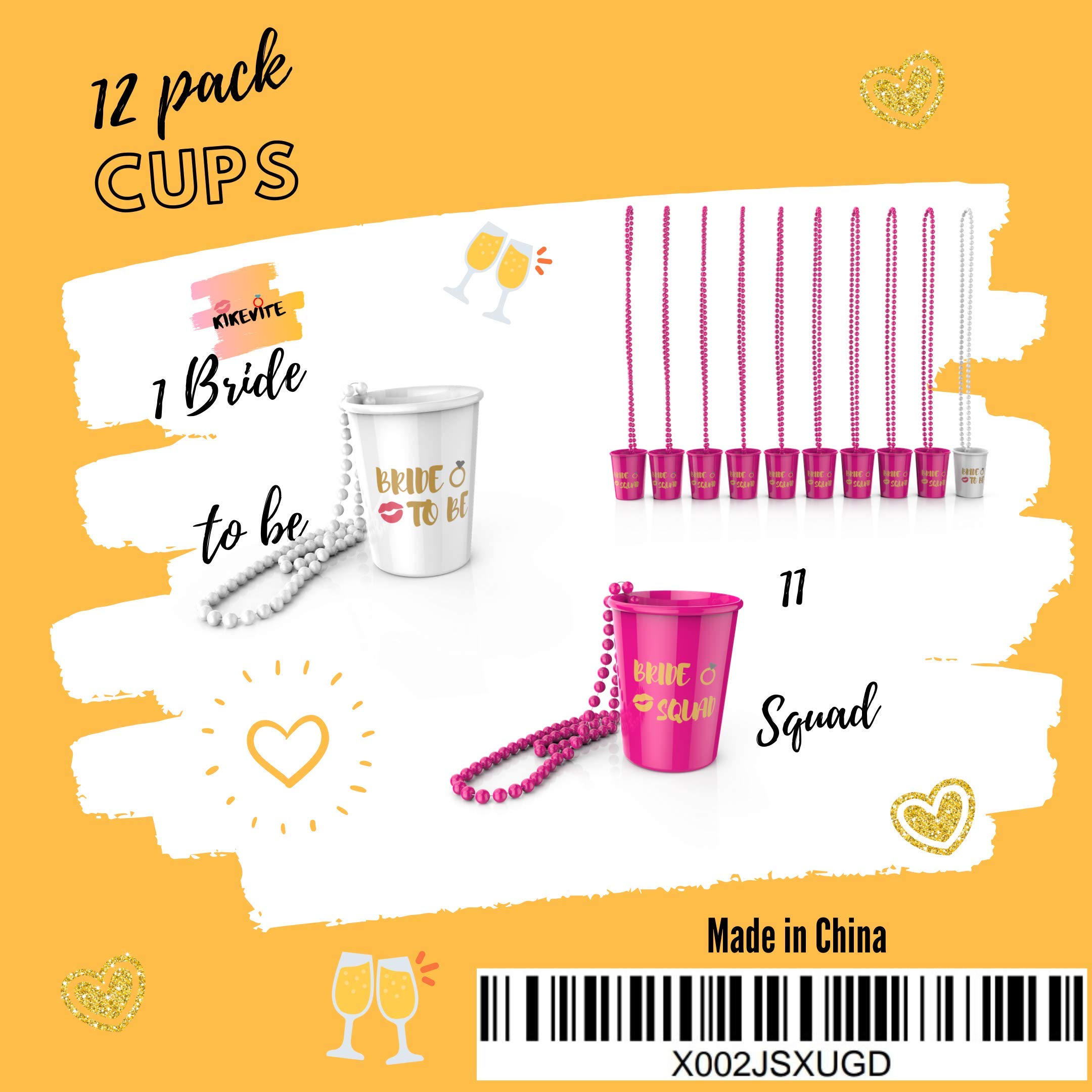 KIKEVITE Bachelorette Party Shot Glass Necklaces Drinking Supplies 12 PACK - 1 White Bride Cup and 11 Pink Squad Cups Bridal Shower