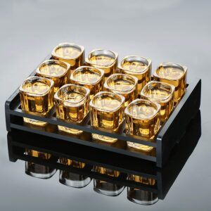 Shot Glass Holder, 12 Storage Holes Party Server Vintage Black Wood Shot Glass Tray (Shot Glass Not Included)