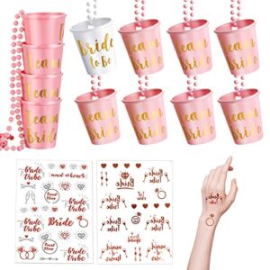 12 pack team bride and bride to be shot glass necklace with 2 pcs bride metallic tattoos, plastic team bride gifts gold foil shot glasses necklace with beads chain for bachelorette party supplies