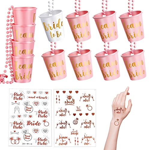 12 Pack Team Bride and Bride to Be Shot Glass Necklace with 2 Pcs Bride Metallic Tattoos, Plastic Team Bride Gifts Gold Foil Shot Glasses Necklace with Beads Chain for Bachelorette Party Supplies