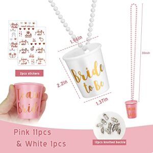 12 Pack Team Bride and Bride to Be Shot Glass Necklace with 2 Pcs Bride Metallic Tattoos, Plastic Team Bride Gifts Gold Foil Shot Glasses Necklace with Beads Chain for Bachelorette Party Supplies