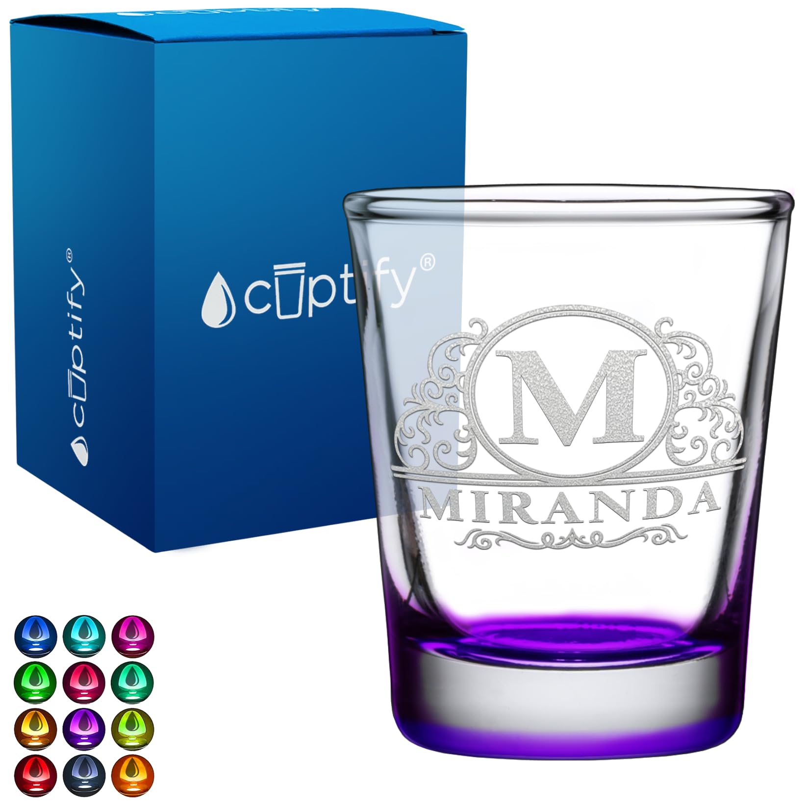 Custom Shot Glass Elaborate Circle Name 2oz Purple Bottom Etched with Personalized Text for Gifts, Weddings, Birthdays, Party, Event, Decorations