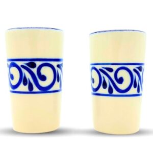 casa fiesta designs mexican shot glasses, tequilero mexicano - hand-painted in mexico - great for tequila, mezcal and sangrita, 2 oz set of 2 - tequilero colonial white flores entre lineas