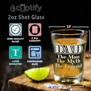 Cuptify Dad The Man Myth Legend 2oz Shot Glasses Set of 2 Etched Party Favors Cool Birthday Gifts for Men, Him, Fathers Day