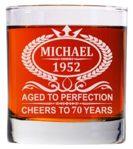 personalized whiskey glass for men and women, aged to perfection 11oz old fashioned custom whiskey glass birthday gift for him and her, customized engraved etched monogram rocks cocktail glass
