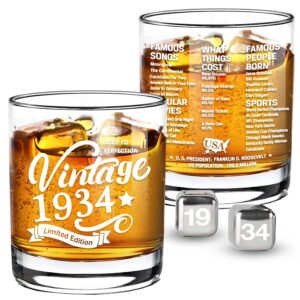 old fashioned glasses-1934-vintage 1934 old time information 10.25oz whiskey rocks glass -90th birthday aged to perfection - 90 years old gifts bourbon scotch lowball old fashioned-1 pack