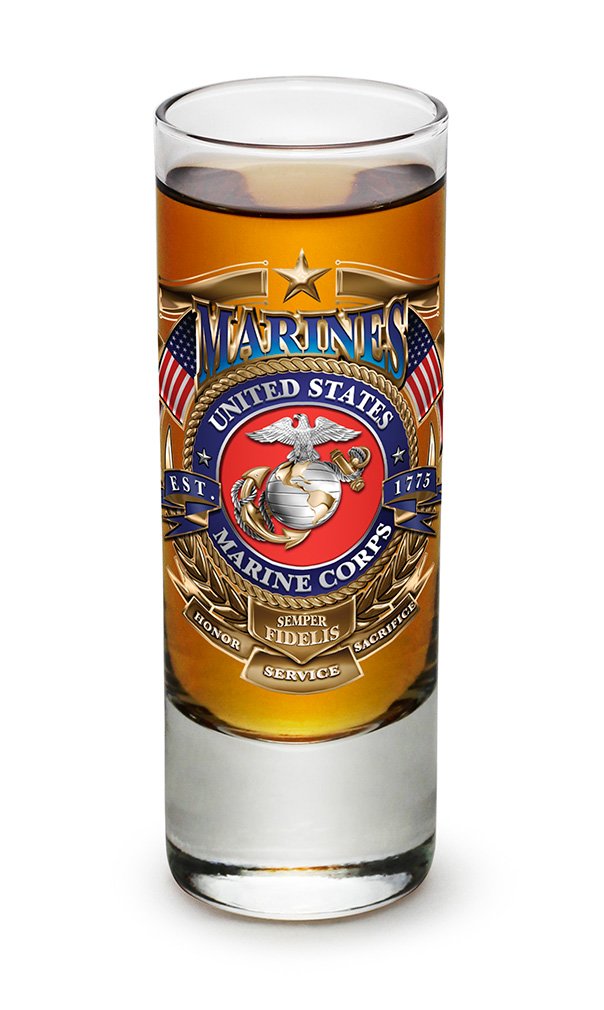 US Marine Corps USMC Marines - United States Marines Corps , Badge of Honor - Shot Glass Shooter Heavy Base Tall 2 Ounce - Single - For Liquor - Whiskey, Tequila, Vodka, Spirtis, Beverages -