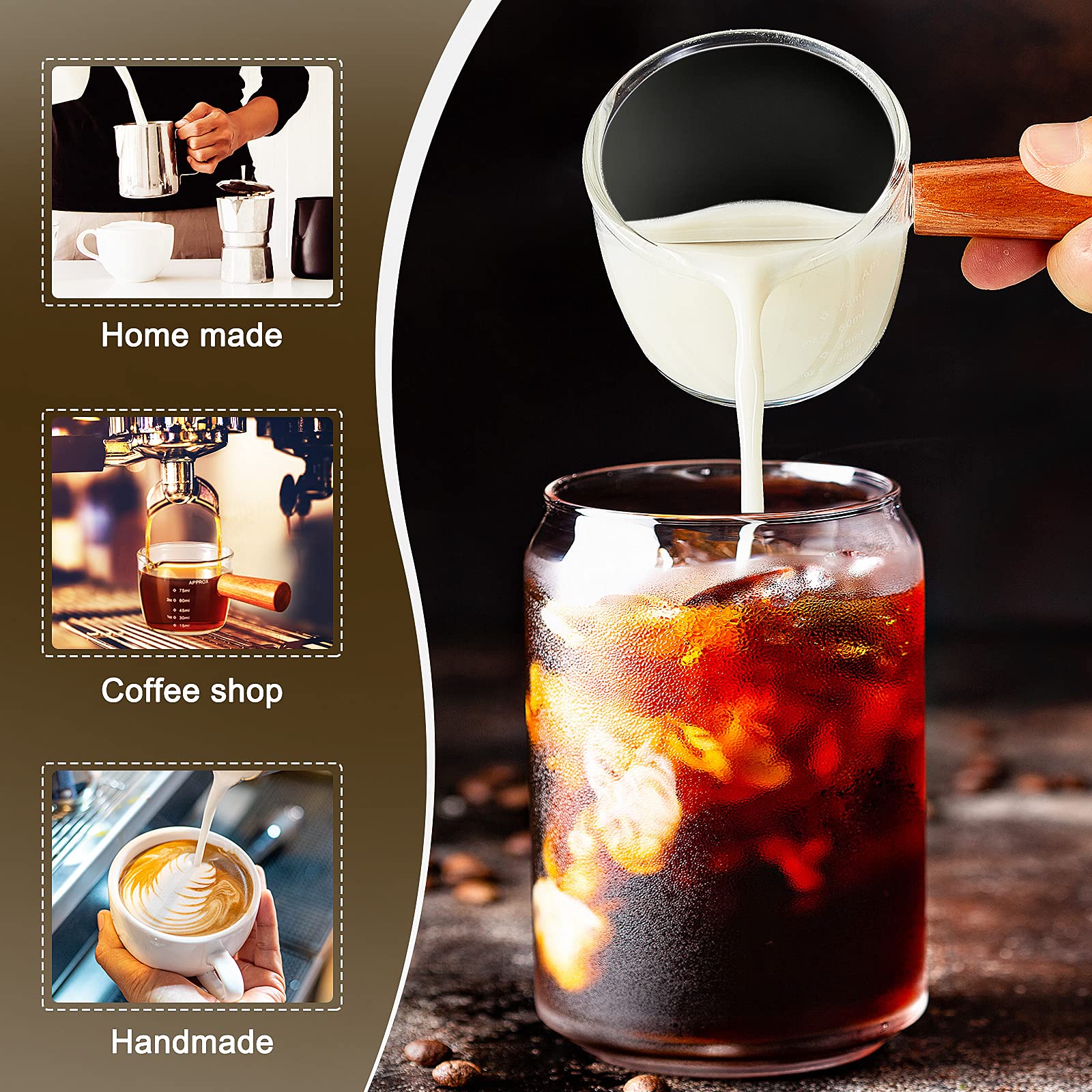 Tanlade Single Spout Espresso Shot Glass 75ML with Wood Handle Espresso Glass Carafe Shot Glass Measuring Cup Mini Milk Glass Cup with Handle for Milk Coffee Espresso Making (Clear, 1 Piece)