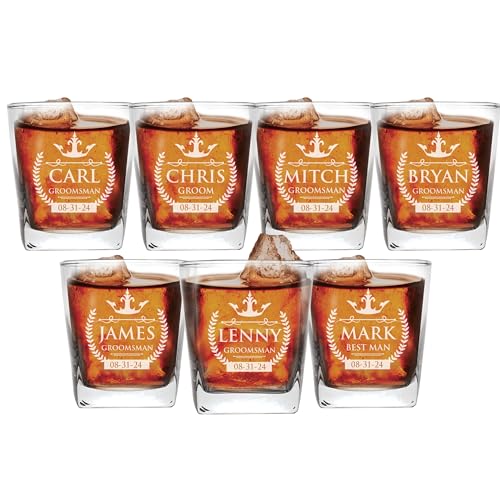 Set of 1, 3, 7 and More Custom Personalized Whiskey Rocks Glasses for Bachelor Party - Engraved Square Rocks Glass Gifts for Groom, Groomsman - Royal Style (7)