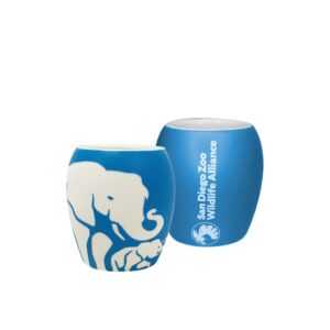 san diego zoo elephant etched shot glass, 1.5 oz deep sky blue stoneware shot glass, etched with bright white design of elephant mother and calf