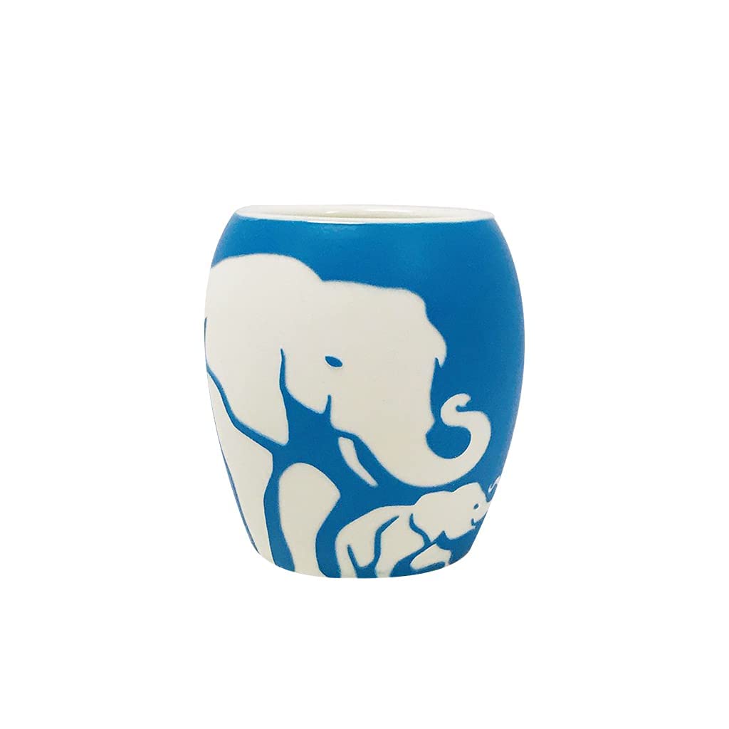 San Diego Zoo Elephant Etched Shot Glass, 1.5 oz Deep Sky Blue Stoneware Shot Glass, Etched with Bright White Design of Elephant Mother and Calf