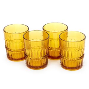 vintage old fashion whiskey glasses, 10 oz, romantic water tumblers, barware glasses for scotch, bourbon, or cocktails, embossed amber beaded glasses-set of 4