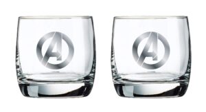 marvel glass set - avengers logo - collectible gift set of 2 glasses - 10 oz. capacity - classic design - sturdy base