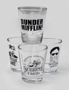 the office 4 piece shot glass set (dunder mifflin, prison mike, schrute farms, and bears, beets, battlestar galactica))