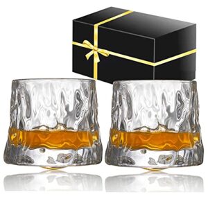 haloyivgo whiskey glasses set of 2 - tumblers rotation whiskey glass cups 5.41 oz - crystal thick rocks glass with premium gift box - for drinking bourbon, scotch whisky, cocktails