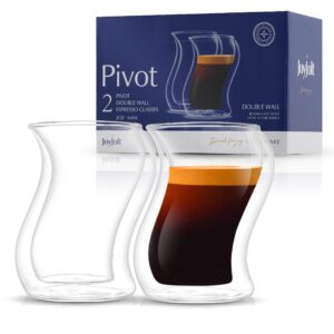 joyjolt pivot espresso shot glass – set of 2 oz espresso cups with unique design – double walled thermo espresso glasses for home or professional bar use– set of 2 thermal glassware for morning coffee
