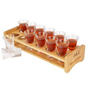 d&z bamboo wooden shot glass holder/tray with 12 crystal 1oz clear shot glasses