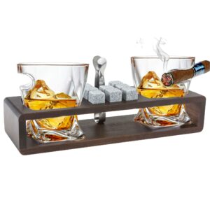 bezrat old fashioned cigar whiskey glasses with side mounted cigar rest gift set + whisky chilling stones and accessories on wooden tray - scotch bourbon glasses – christmas holiday gift
