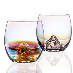 iridescent snow mountain whiskey glasses set of 2 old fashioned rocks glass 11.8 oz handblown lead-free whisky tumbler premium crystal glass for scotch/ bourbon/ cognac/ liquor/ rum/ vodka/ cocktails