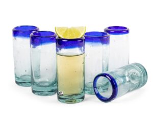 festmex authentic hand blown mexican tequila shot glasses – set of 6 cobalt blue rim tequila shot glasses made from recycled glass by artisans (2 oz, cobalt)