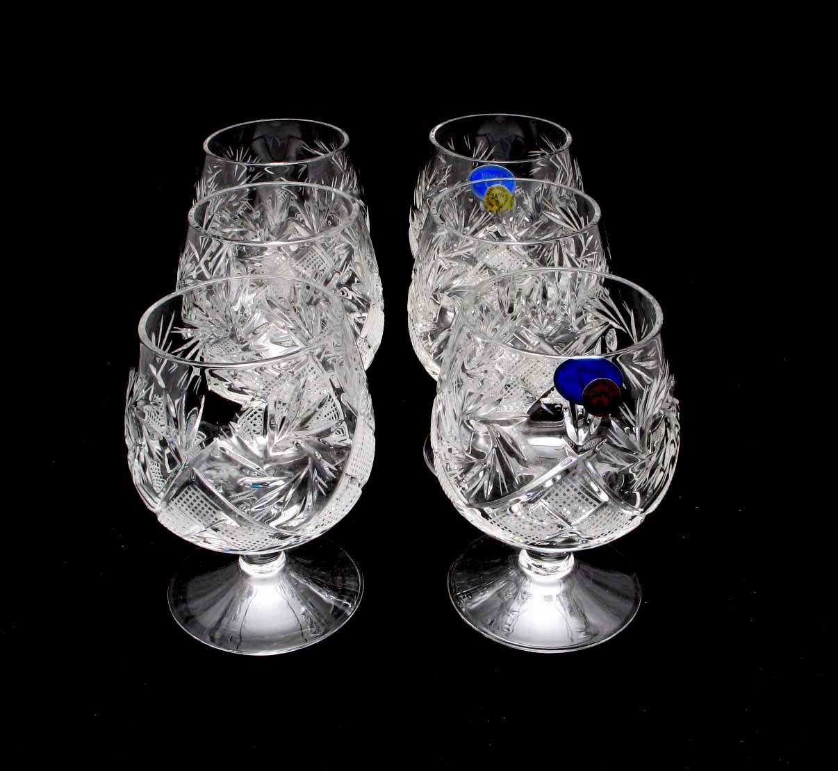 Russian European Cut Crystal Brandy Cognac Snifters, Vintage Old-Fashioned Glassware, Set of 6