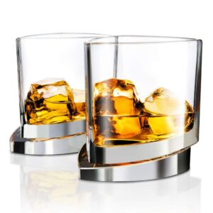 joyjolt aqua vitae premium whiskey glass set of 2. triangle whiskey glasses with off set base. old fashioned rocks glasses for scotch and bourbon. whiskey tumbler gifts for men.
