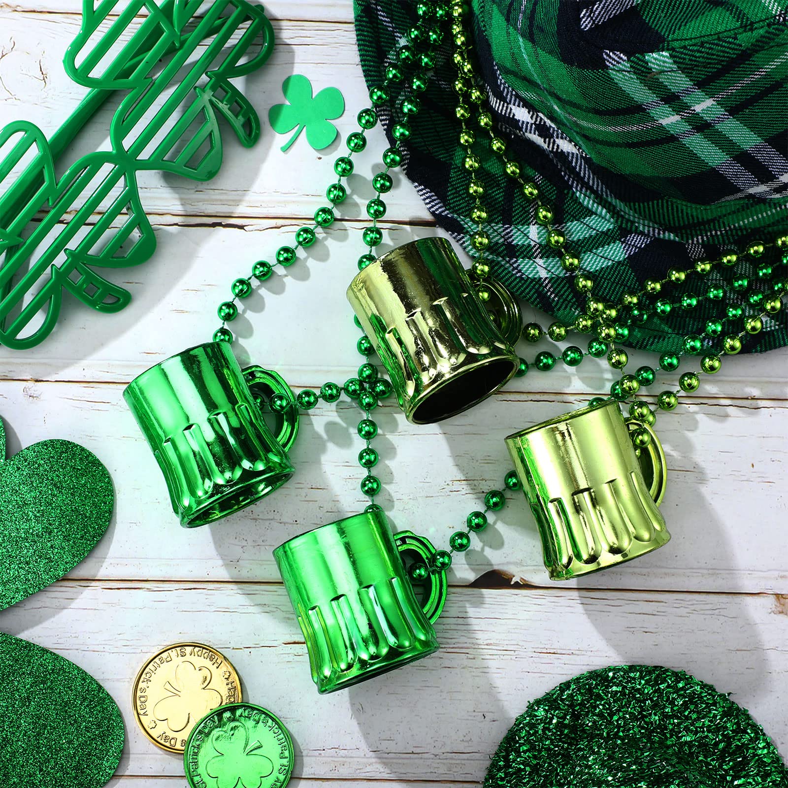 Kathfly 50 Pcs St Patrick's Day Beads Necklace with Shot Glasses Beer Mug St Patrick's Day Mini Beer Mugs Necklace Accessories for Irish Gifts Party Supplies Costume, Metallic Green, Light Green