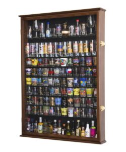xl shot glass display case rack holder cabinet for tall shooter and mini liquor bottle -walnut