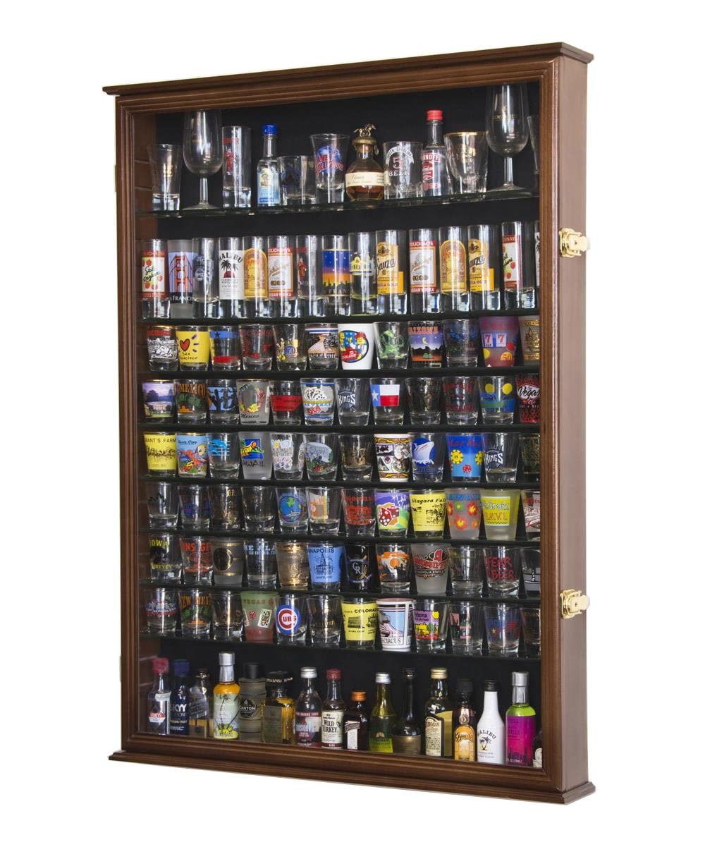 XL Shot Glass Display Case Rack Holder Cabinet for Tall Shooter and Mini Liquor Bottle -Walnut