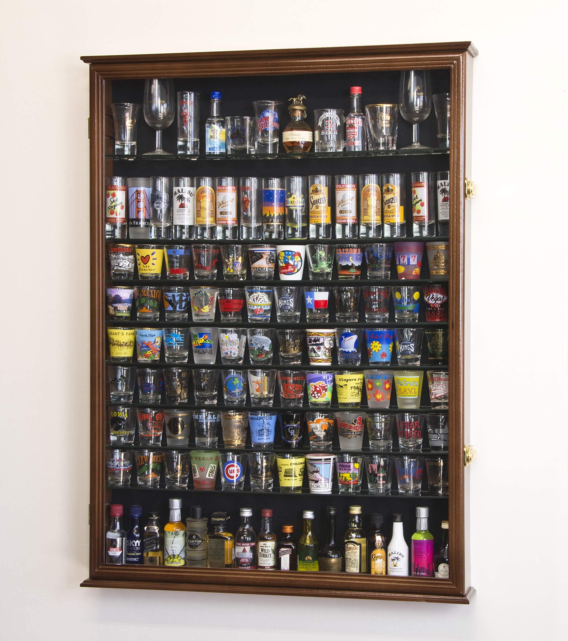 XL Shot Glass Display Case Rack Holder Cabinet for Tall Shooter and Mini Liquor Bottle -Walnut