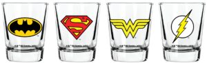 dc comics justice league shot glass set - 2 oz. capacity - set of 4 shot glasses - superman, batman, wonder woman, flash clear
