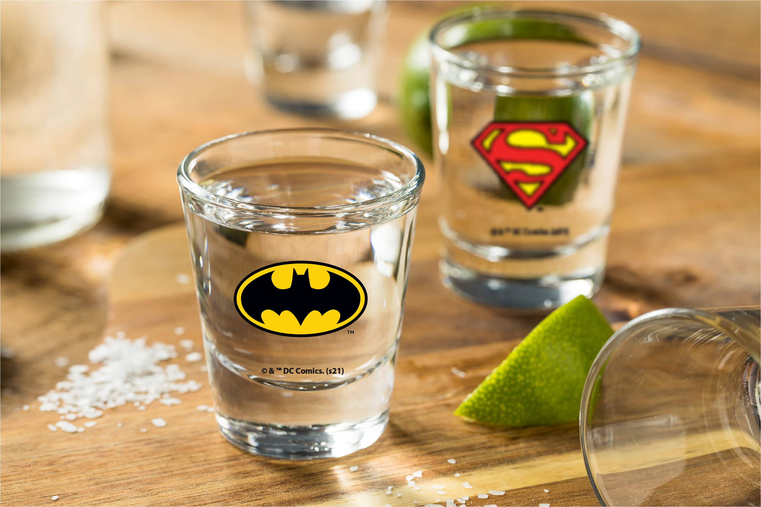 DC Comics Justice League Shot Glass Set - 2 oz. Capacity - Set of 4 Shot Glasses - Superman, Batman, Wonder Woman, Flash Clear