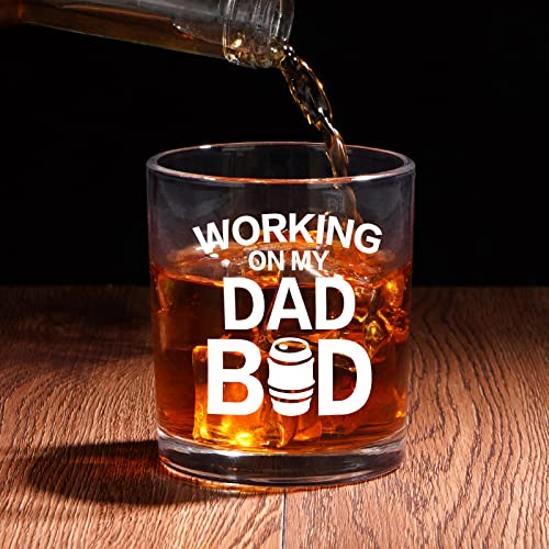 Modwnfy Father's Day Gifts for Dad, Dad Whiskey Glass, Funny Old Fashioned Glass for Dad Papa Father from Daughter Son, Dad Gift for Birthday Christmas, Working on My Dad Bod, 10 Oz