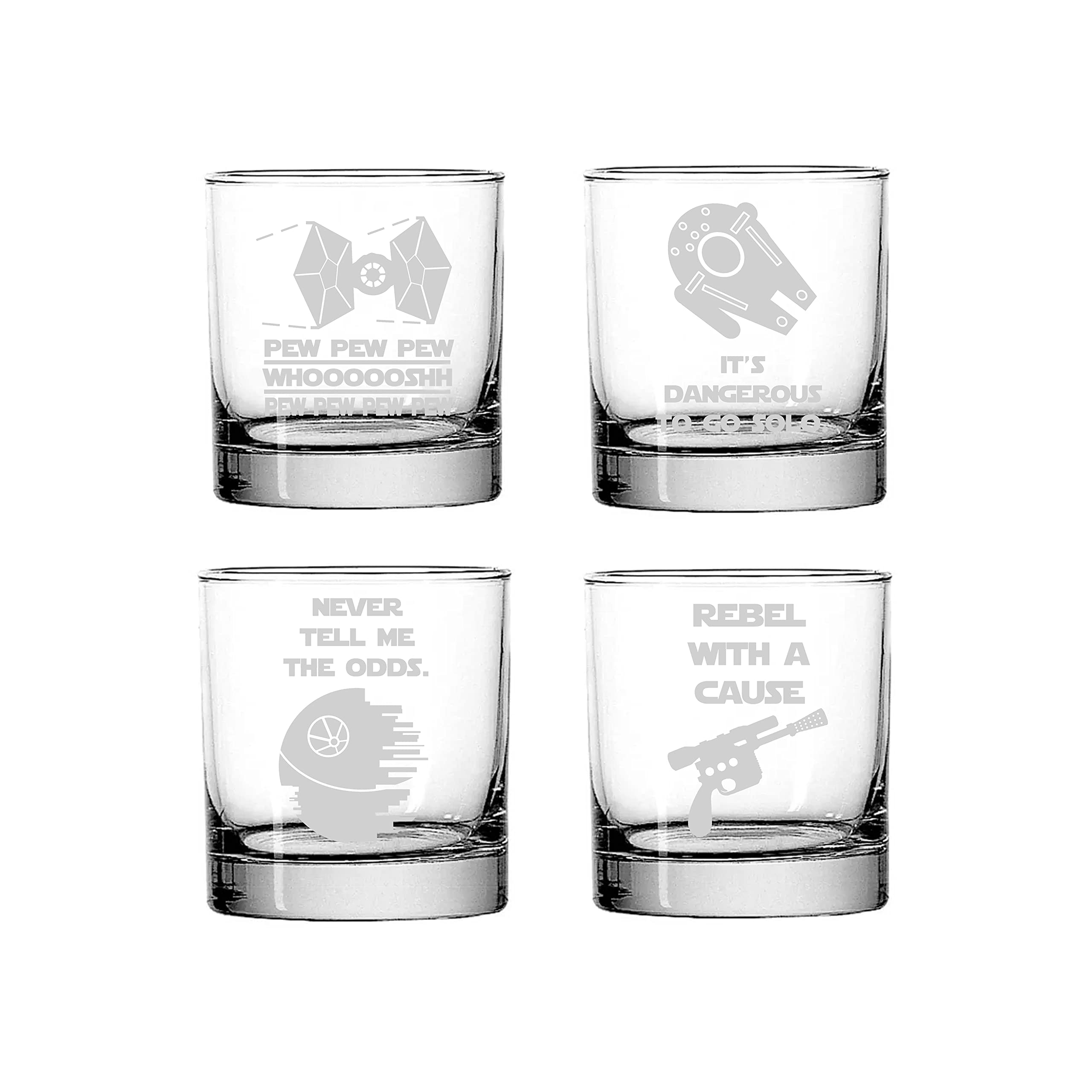 Brindle Southern Farms Star SW Drinking Glass Set of 4 Etched Rocks Whiskey Glasses Sci-fi Space Star Noises Wars Whiskey Glass Gift for Adults, Wars Glassware Barware