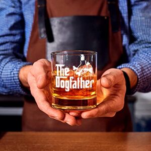 The Dogfather Funny Whiskey Glass - Dog Lover Gifts for Men, Gag Unique Fathers Day Christmas Birthday Gifts for Dog Dads, Dog Owner, Men from Daughter, Son, Kids, Friends, Old Fashioned Glass, 11oz